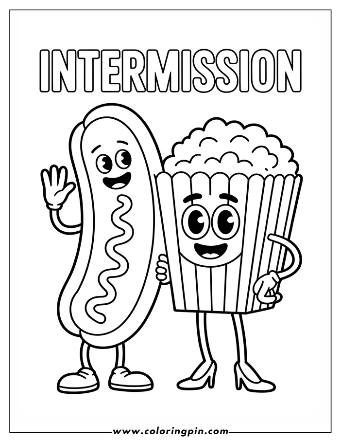 Line art of a hot dog and popcorn, both with smiling faces, standing together. Seems like they are ready for a show intermission.