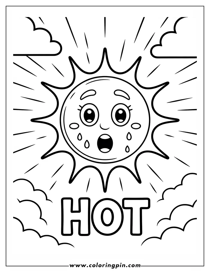 Cartoon sun coloring page with a hot weather theme, a free printable coloring sheet for kids and adults.