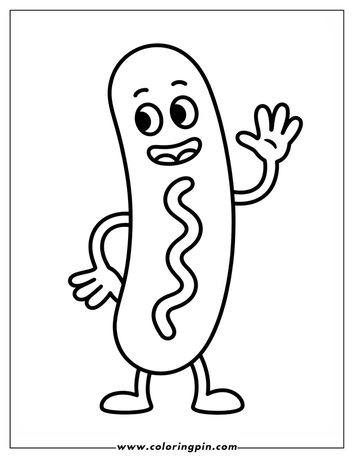 Cartoon hot dog waving hello.