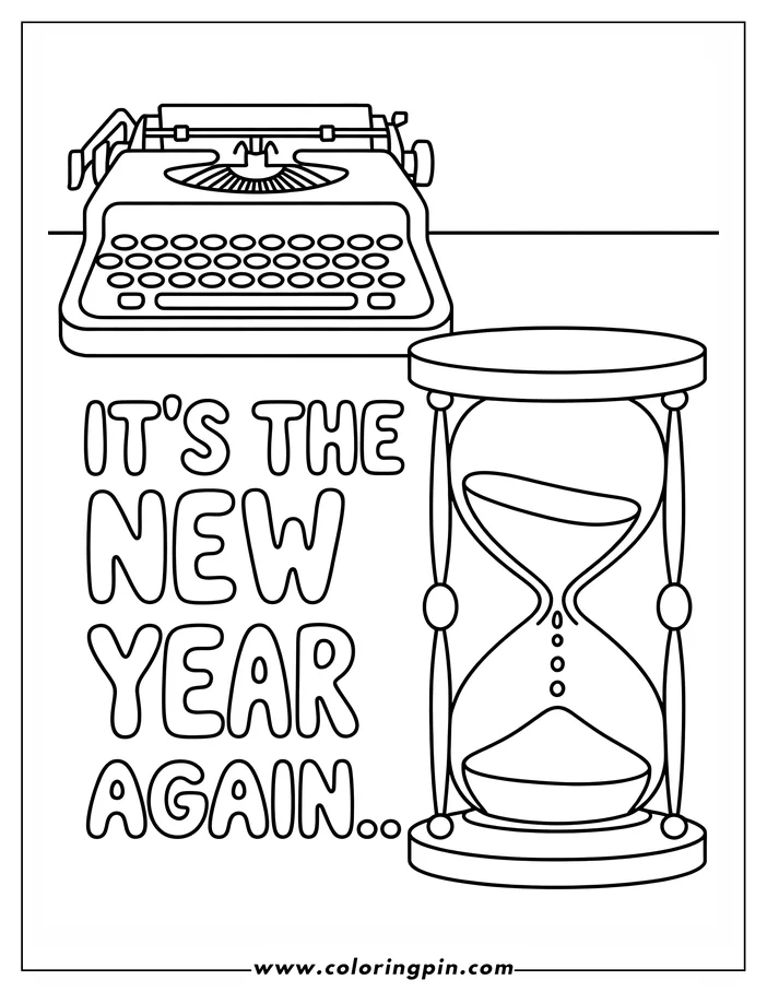 An hourglass with sand flowing through it alongside a typewriter, with the phrase "It's the New Year Again."