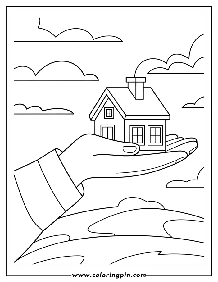Outline of a hand gently holding a small house.  Clouds are in the background.