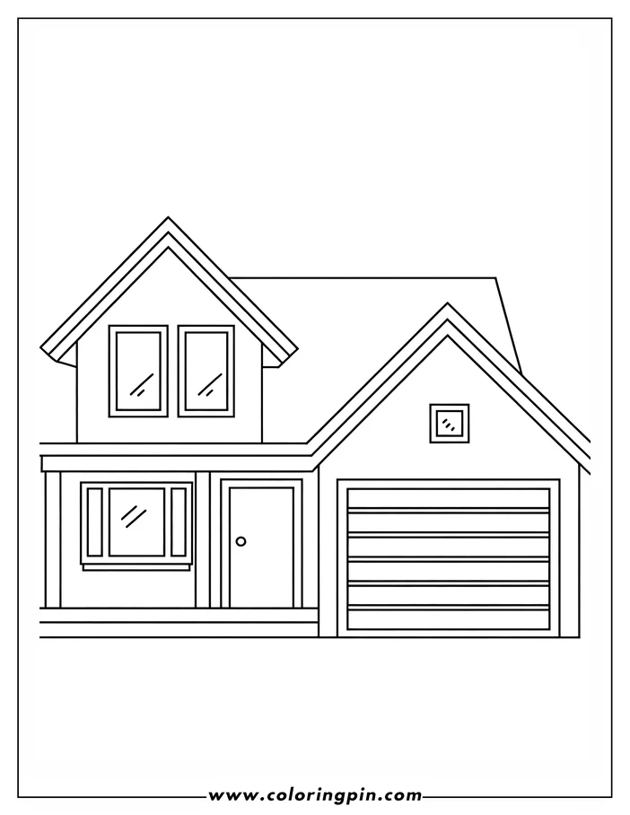 Line art of a two-story house with an attached garage, featuring multiple windows and a closed garage door.