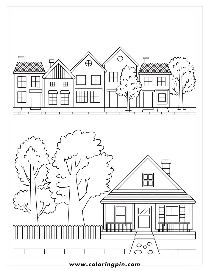 Outline of a row of houses on a street and a separate house with trees and a fence