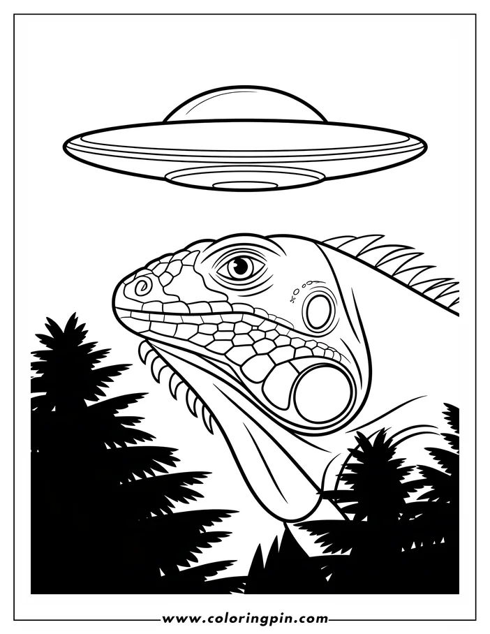 Line art of an iguana looking up at a UFO with palm trees in the background.