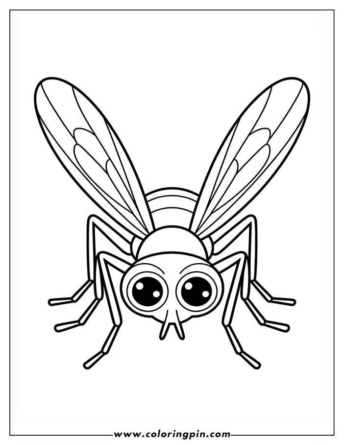 Line art of a cartoon insect with large eyes and spread wings.