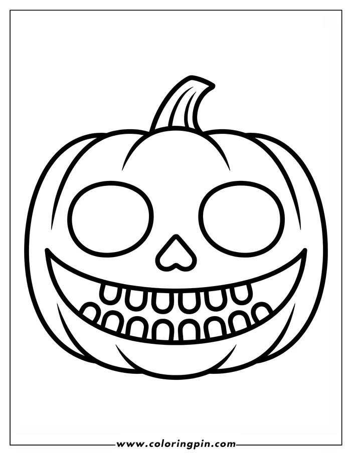 Line art of a smiling jack-o'-lantern with round eyes and a curly stem