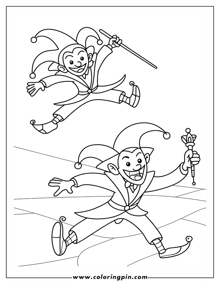 Two jesters performing tricks. One leaps with a stick, the other strides forward holding a scepter. Both wear jester hats and shoes.