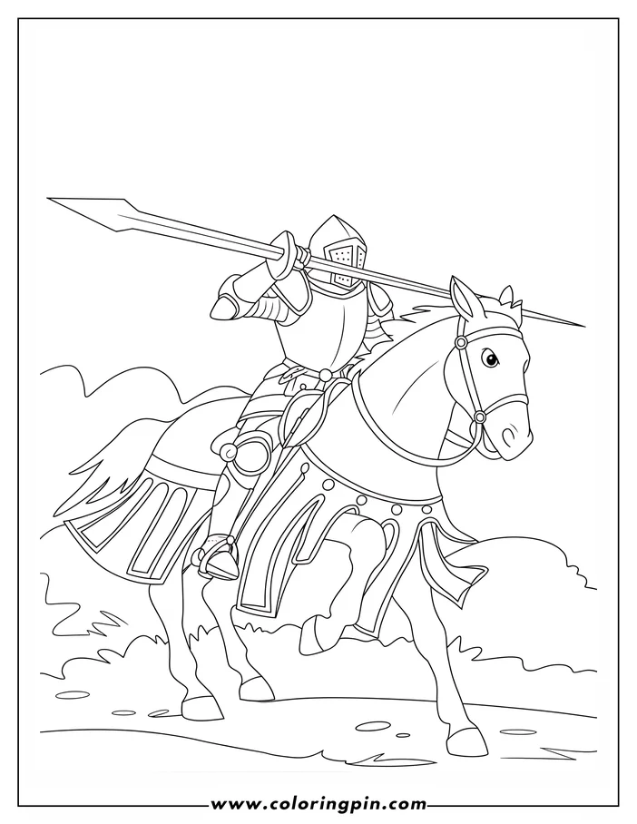 Line drawing of a knight in armor, holding a lance while riding a horse.
