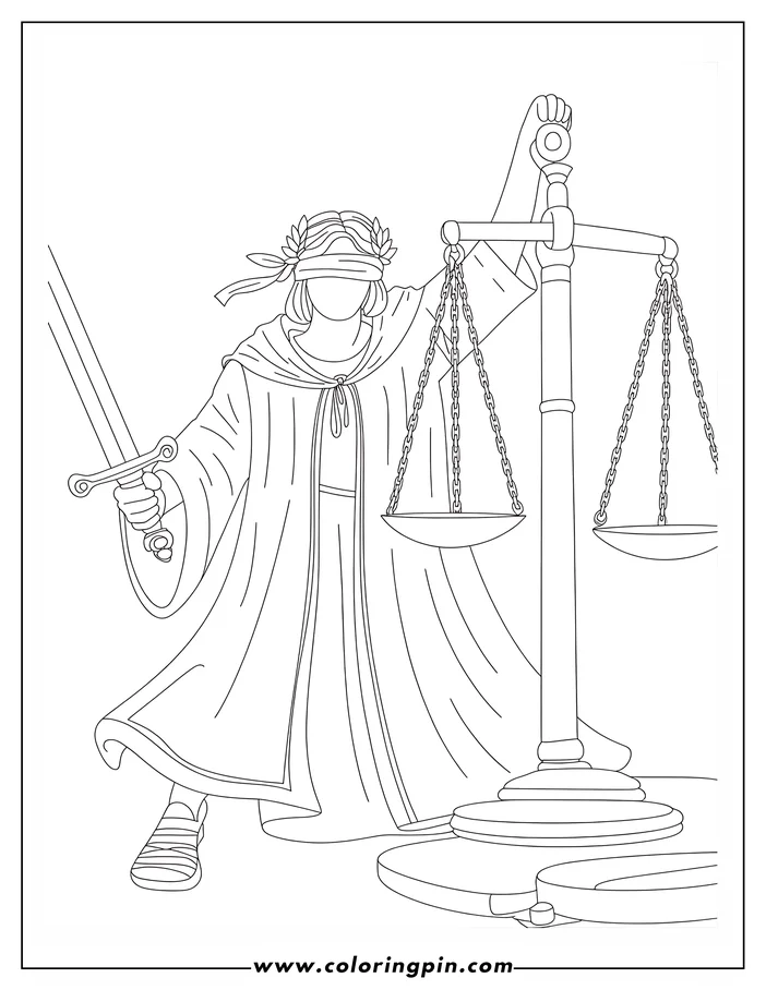 Line drawing of Lady Justice, blindfolded and holding scales and a sword.