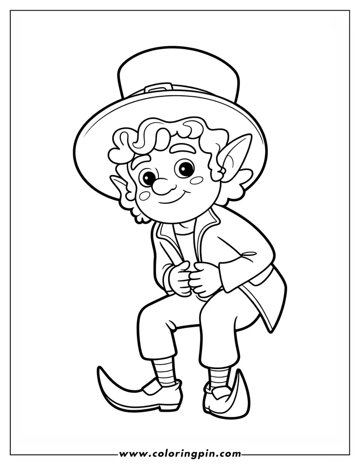 Line drawing of a leprechaun wearing a hat and curled shoes.