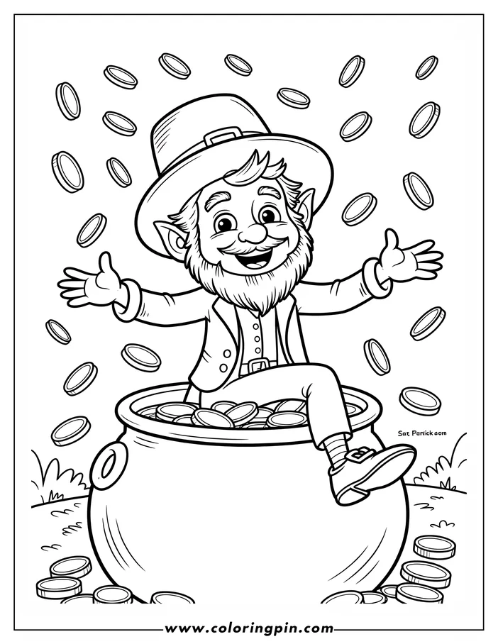 Line art of a cheerful leprechaun sitting on a pot overflowing with gold coins, with more coins raining down around him. This St. Patrick's Day coloring page design is ready for vibrant colors.