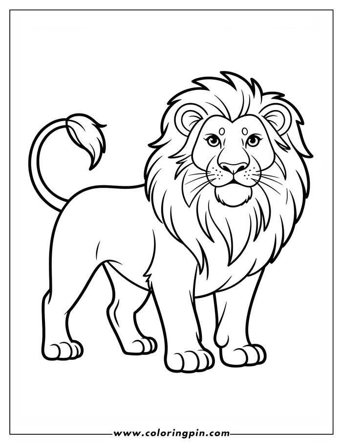 Line drawing of a lion with a thick mane and curled tail.