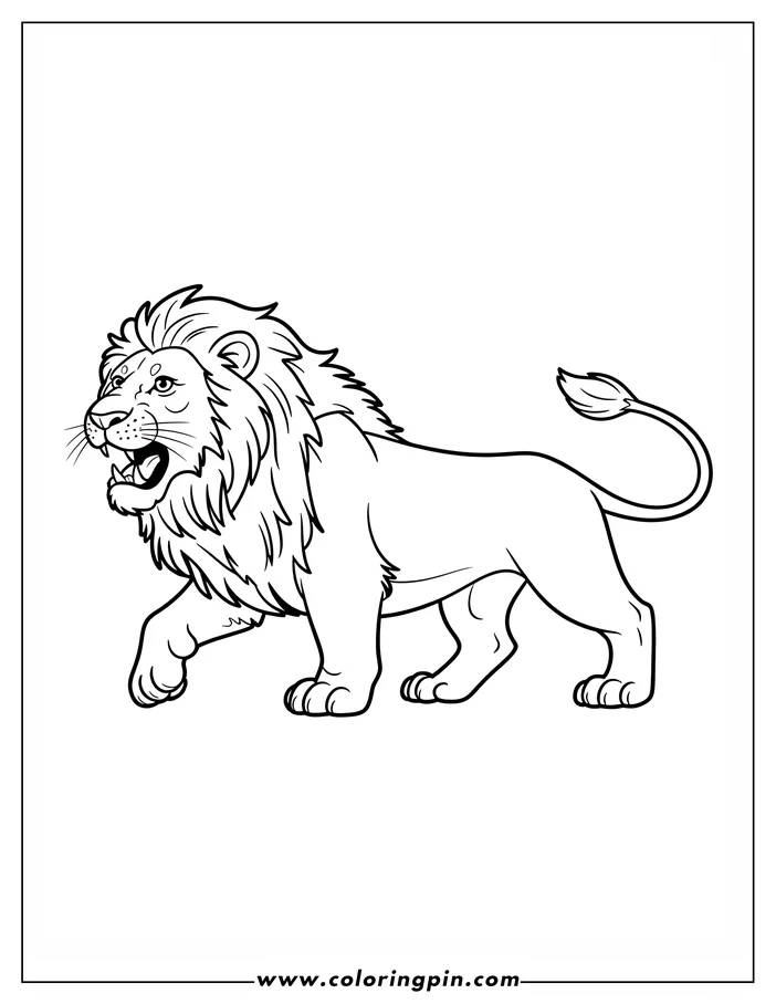 Line art of a lion walking with its mouth open.
