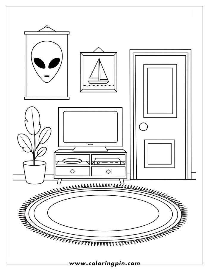 Outline of a living room interior with a TV, plant, rug, and wall decorations including a sailboat picture and an alien poster.