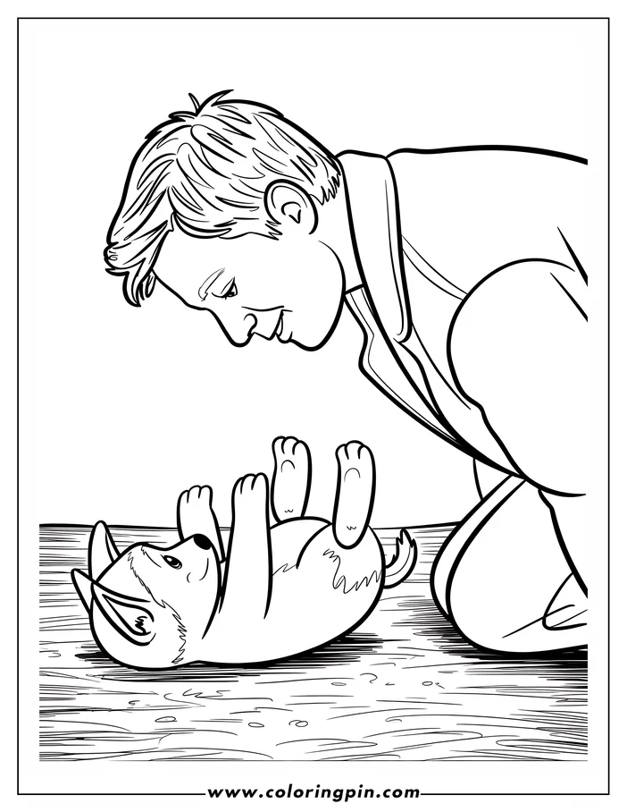Line drawing of a man and puppy playing together. The man is kneeling and smiling at the puppy, which is lying on its back on a wooden floor.