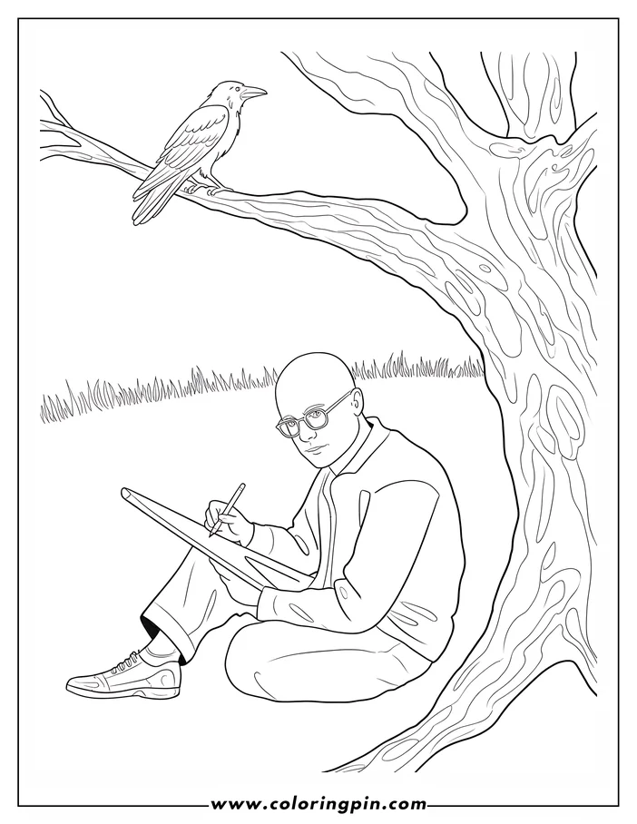 Line art of a man sketching under a tree with a raven perched on a branch above him.