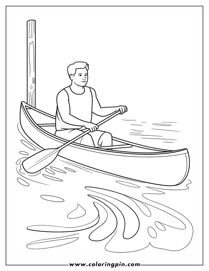 Man paddling a canoe near a wooden post.