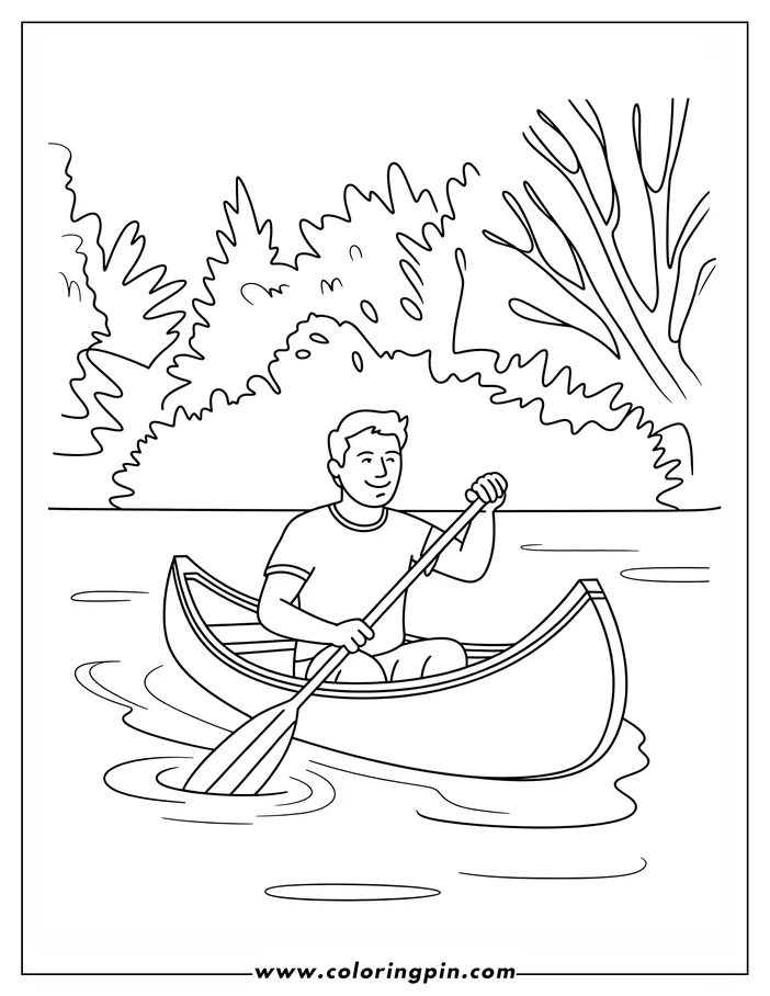 Outline of a man paddling a canoe down a calm river, trees line the banks.