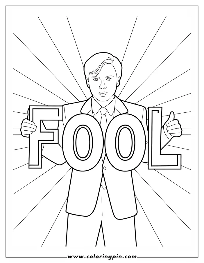 Man in suit holding a sign reading "FOOL" against a background of radiating lines.