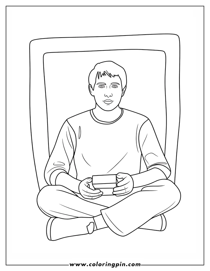 Outline of a young man sitting cross-legged, holding a small box