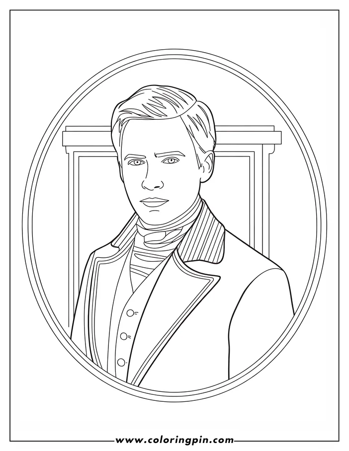 Line art of a man wearing a coat inside an oval frame.
