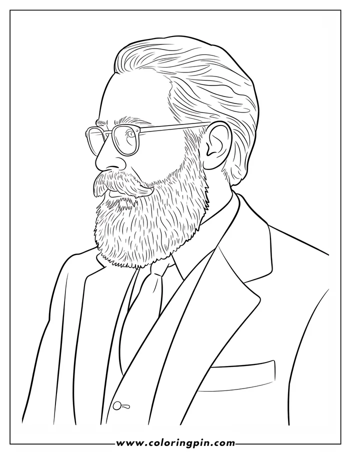 Line art of a man in a suit wearing glasses.  He has a beard and mustache.