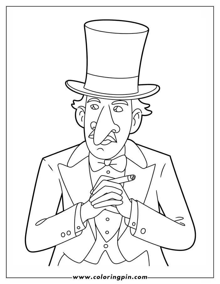 Line art of a man in a top hat and suit, holding a cigar.