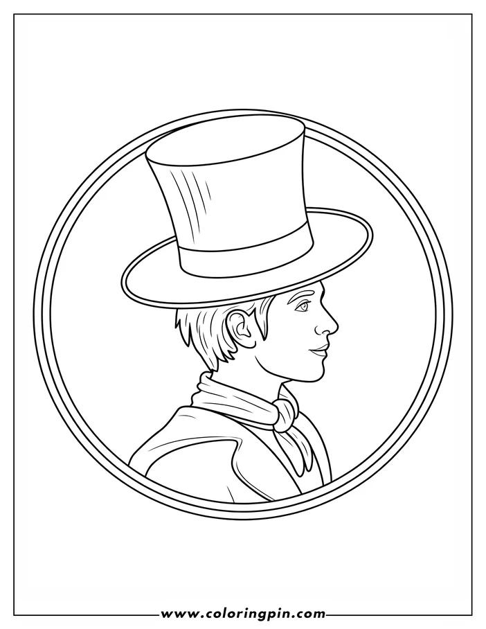 Line art of a man in profile wearing a top hat and neckerchief.
