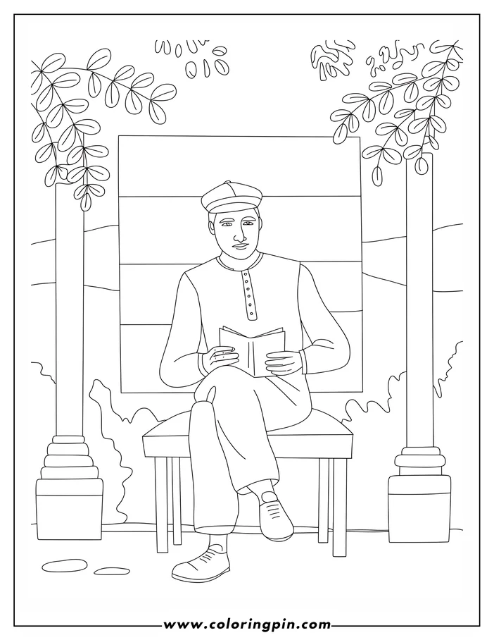 Line art of a man sitting on a bench reading a book, near a wall and foliage
