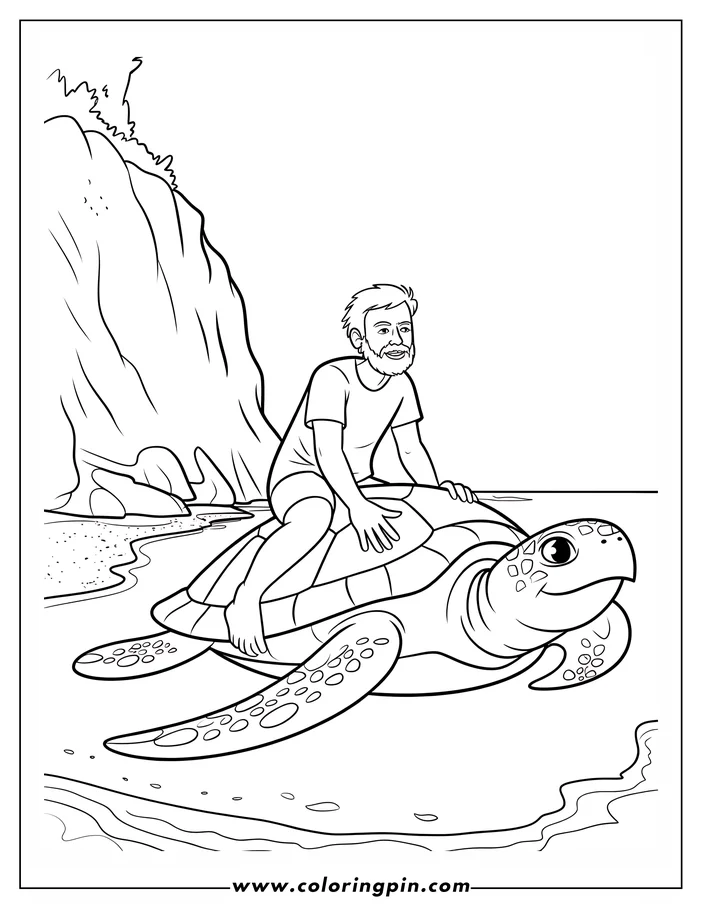 Outline of a man riding a sea turtle near the shore. The man sits on the turtle's back, and the scene is set in shallow water with a rocky coastline in the background.