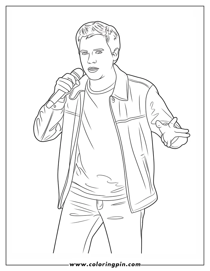 Outline of a young man singing into a microphone, wearing a t-shirt, jeans, and an open jacket.