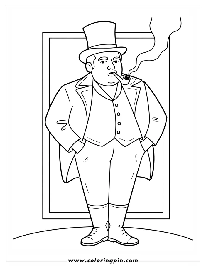 Line art of a man in a top hat and formal clothes, smoking a pipe.