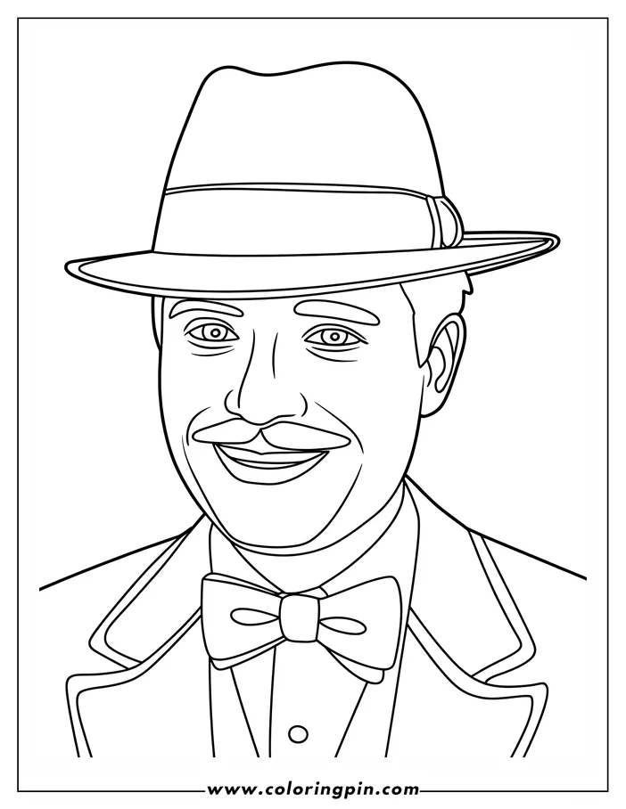 Line art of a smiling man wearing a suit, fedora, and bow tie.