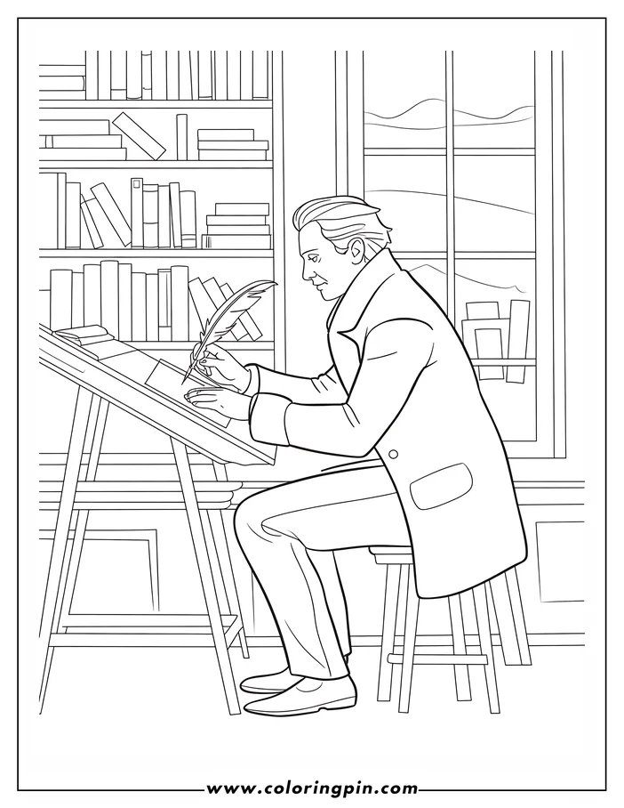 Man writing with a quill pen at a desk in a room with bookshelves and a window view.
