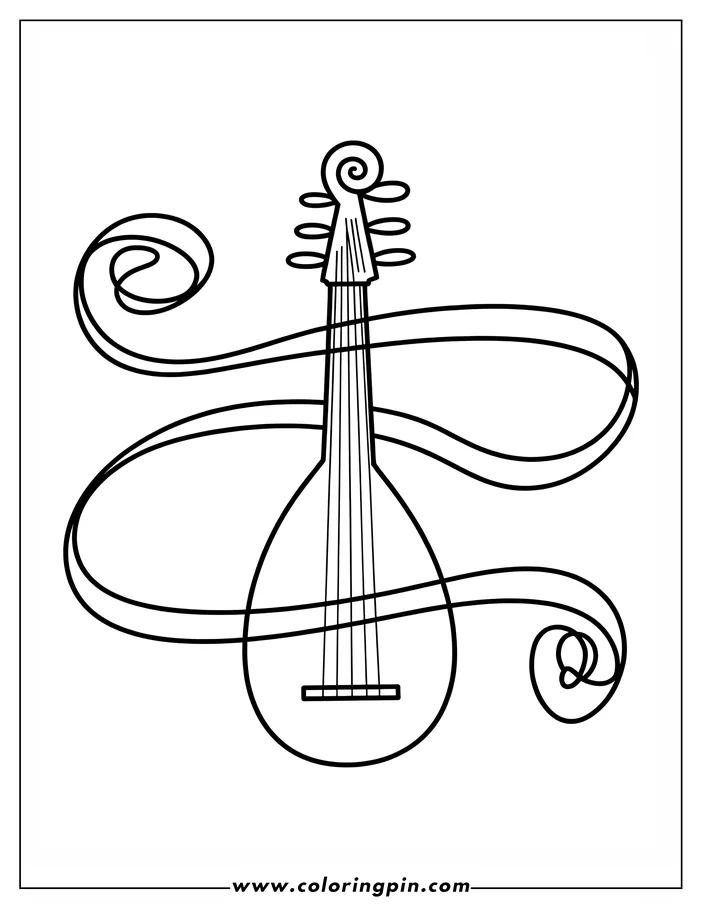 Outline of a mandolin with swirling music notes