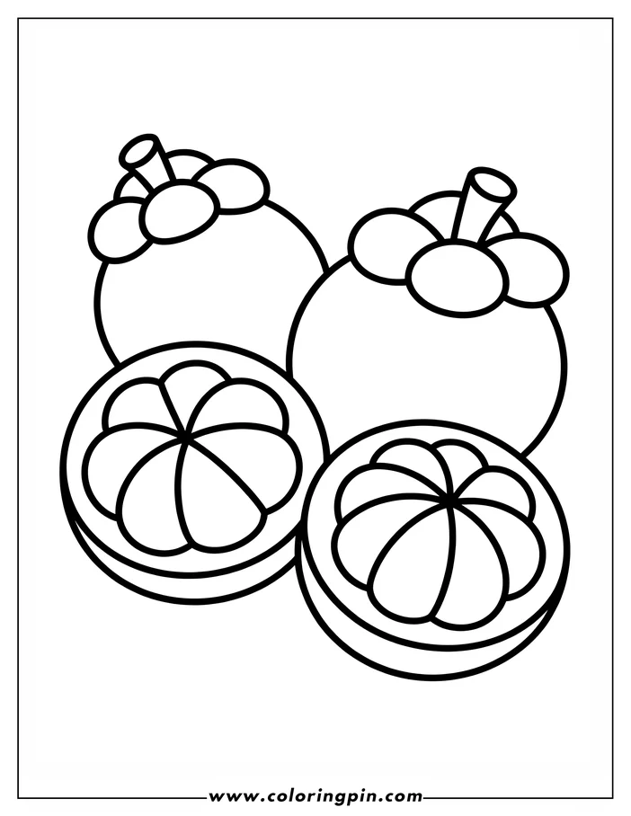 Line art of two whole and two halved mangosteens. The whole fruits show stem and calyx details, while the halved ones display the inner segments.