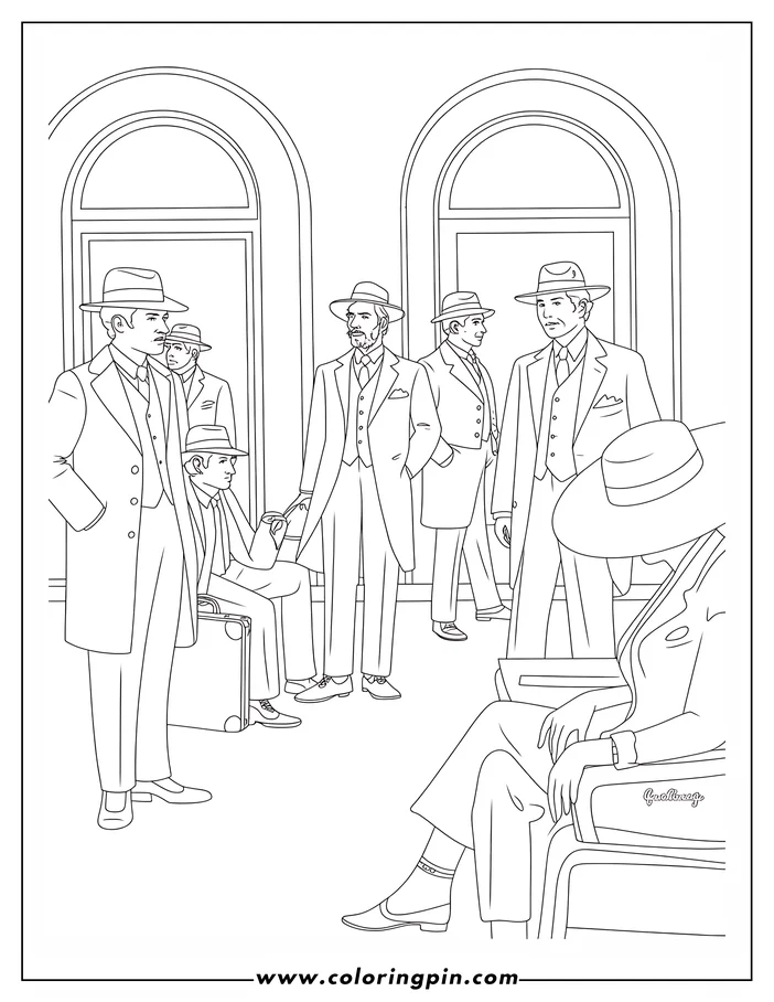 Line art of several men in suits and fedoras at a train station, some standing and some sitting.