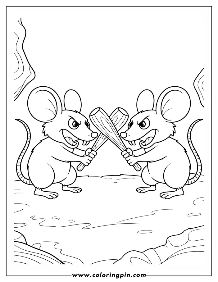 Two cartoon mice with angry expressions, holding sticks and about to fight.