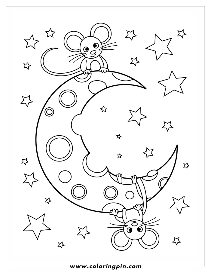 Two cartoon mice playing on a crescent moon among stars. One sits atop the moon, while the other hangs upside down. 