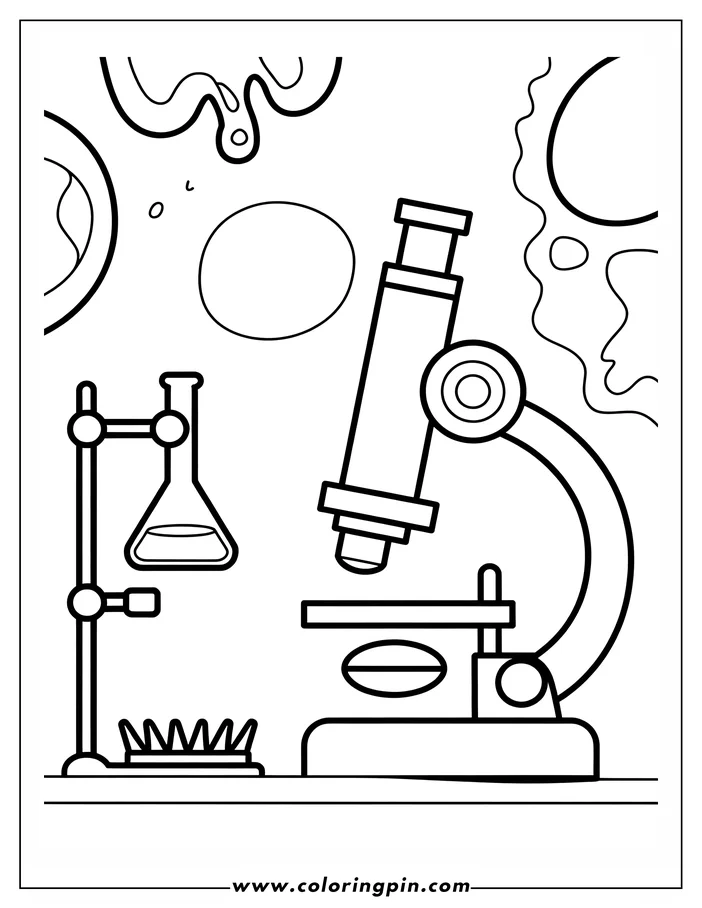 Outline of a microscope, beaker, and lab equipment, surrounded by bubbles and cell shapes.