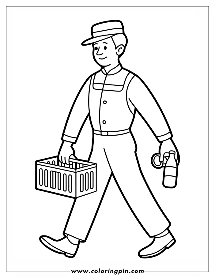 Outline of a milkman carrying a crate and a bottle