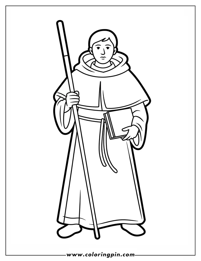 Line art of a monk holding a staff and book. He is wearing a long robe with a hood.