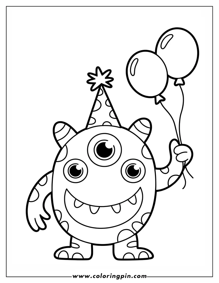 Line drawing of a monster holding two balloons. It is wearing a party hat and has three eyes.
