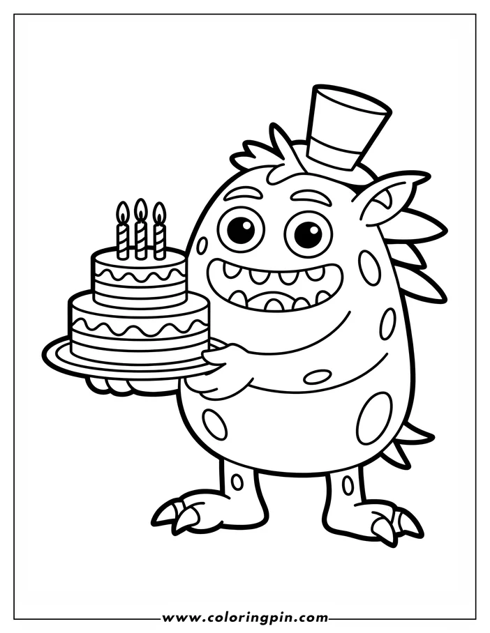 A cartoon monster wearing a top hat and holding a birthday cake with three candles.