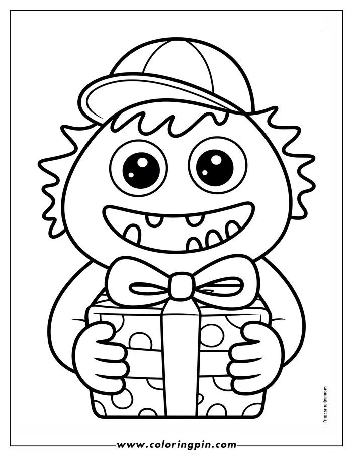 Outline of a friendly cartoon monster holding a large, decorated present. The monster wears a baseball cap and has a cheerful expression.