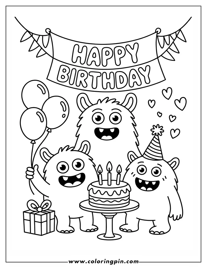 Three cartoon monsters celebrating a birthday with cake, balloons, and a 'Happy Birthday' banner.