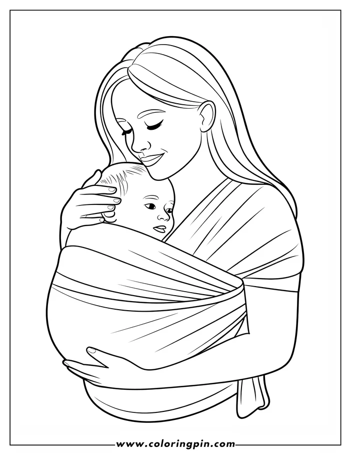 Line art of a mother holding her baby close in a sling. She has long hair and is looking down at her baby with closed eyes. The baby is secure and nestled against her chest.