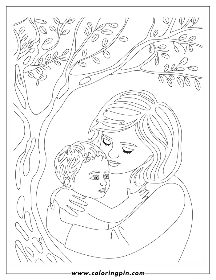 Line drawing of a mother hugging her child under a tree. The mother has long hair and closed eyes. The child has large eyes and looks forward.