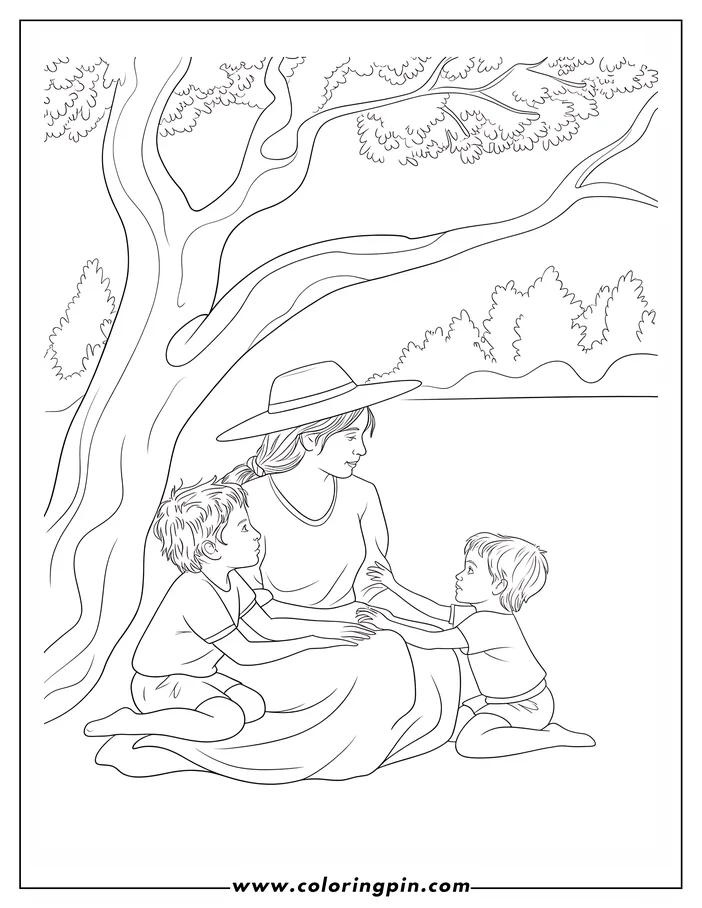 Line art of a mother sitting under a tree with two children. The children are reaching out to her, and the mother has her hands on her pregnant belly. The background features a background of leaves and branches.