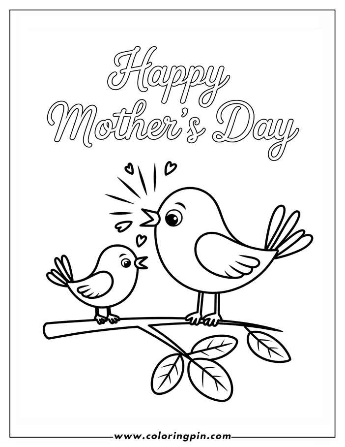 Line art of two birds on a branch for Mother's Day. The larger bird sings to a smaller chick, with hearts between them, in this coloring page design.
